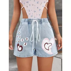 Shorts en mezclilla con estampado de corazón de cintura con cordón