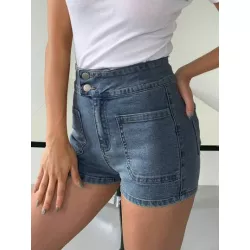 Shorts en mezclilla de talle alto con parche con bolsillo