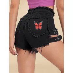 Shorts en mezclilla con estampado de mariposa con ojal con diseño con hebilla bajo crudo