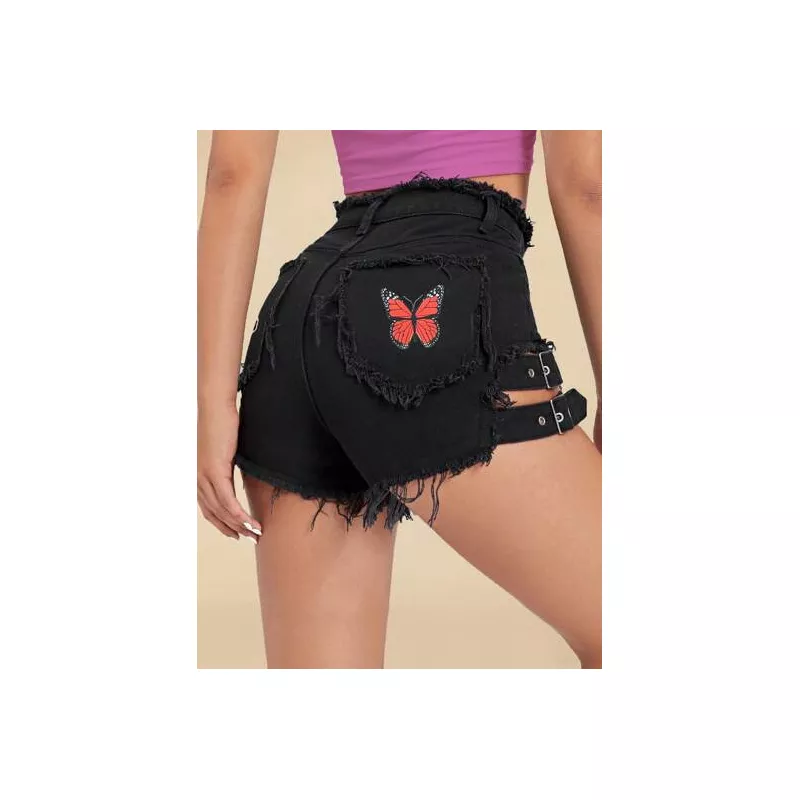 Shorts en mezclilla con estampado de mariposa con ojal con diseño con hebilla bajo crudo