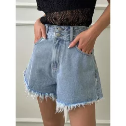 Shorts en mezclilla de talle alto bajo crudo