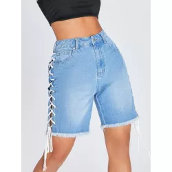 Shorts en mezclilla de talle alto con tira cruzada con cordón bajo crudo