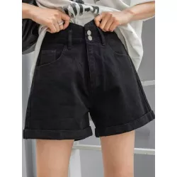 Shorts en mezclilla de talle alto bajo de doblez