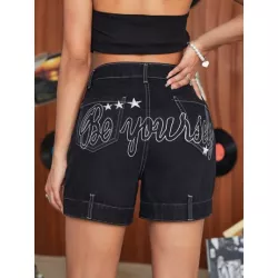 Shorts en mezclilla de talle alto con estrella & con estampado de letra