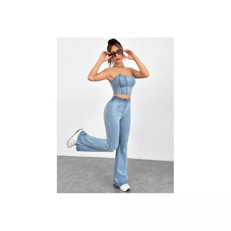 EZwear con cremallera trasera mezclilla Top bandeau & Jeans de pierna amplia