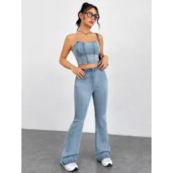 EZwear con cremallera trasera mezclilla Top bandeau & Jeans de pierna amplia