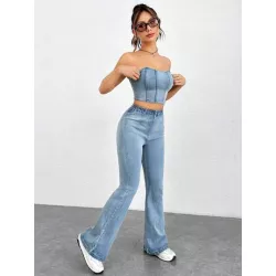 EZwear con cremallera trasera mezclilla Top bandeau & Jeans de pierna amplia