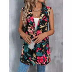 LUNE Blazer chaleco con estampado floral de cuello con solapa sin top de tirantes