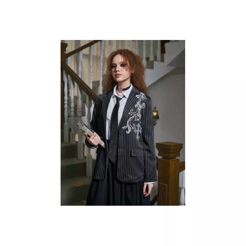 Academia Blazer de rayas & cruzado con estampado de cuello con solapa