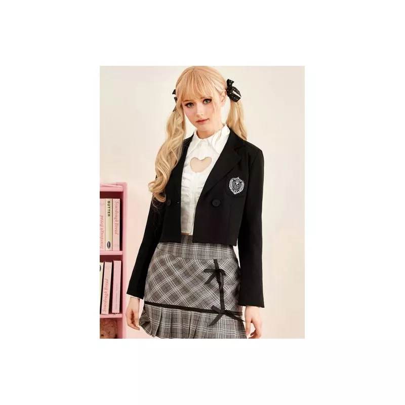 Kawaii Blazer con estrella & con bordado de ala con parche de bolsillo con botones