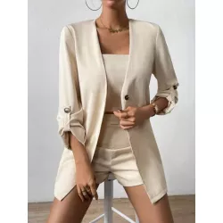 SHEIN Clasi Blazer unicolor con botón & Shorts & Top de tirantes crop