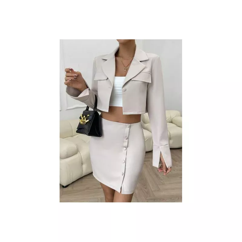 SHEIN Privé de cuello con solapa Blazer crop & con botón delantero Falda