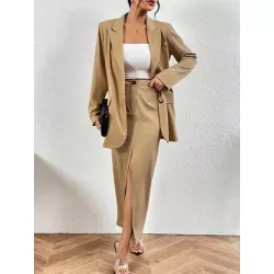 SHEIN VCAY unicolor de cuello con solapa Blazer & de muslo con abertura Falda