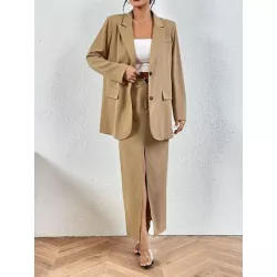 SHEIN VCAY unicolor de cuello con solapa Blazer & de muslo con abertura Falda