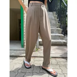 Pantalones de traje de talle alto con fruncido de pierna recta