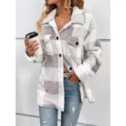 SHEIN LUNE Abrigo teddy con estampado de cuadros de hombros caídos con bolsillo con solapa