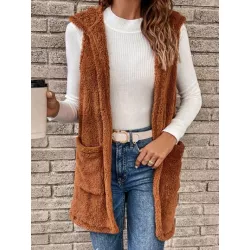 SHEIN LUNE Abrigo chaleco con doble bolsillo con capucha teddy