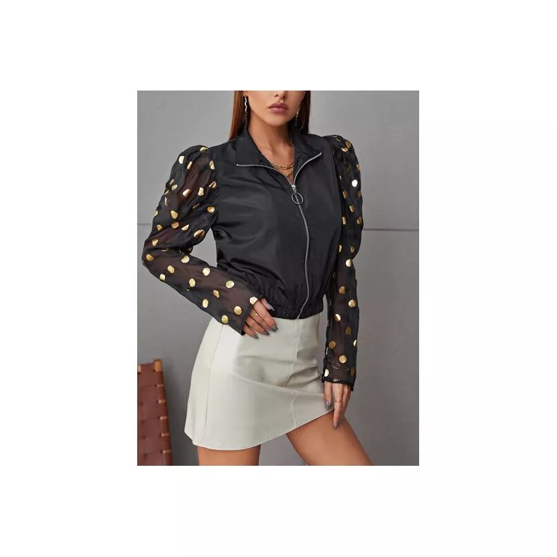 SHEIN LUNE Cazadora de lunares dorados con estampado con cremallera de manga gigot