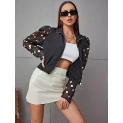 SHEIN LUNE Cazadora de lunares dorados con estampado con cremallera de manga gigot