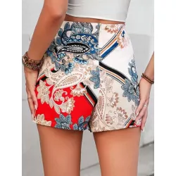 SHEIN LUNE Shorts con estampado de pañuelo ribete con fleco cruzado con nudo lateral