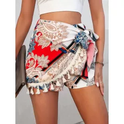 SHEIN LUNE Shorts con estampado de pañuelo ribete con fleco cruzado con nudo lateral